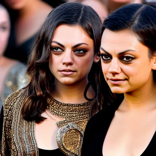 Prompt: Selfie photograph of Mila Kunis and Mila Kunis, golden hour, 8k,