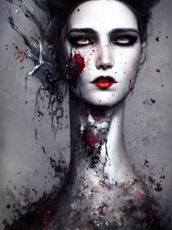 Image similar to a photorealistic splatterpunk portrait of a gorgeous model with shadowy eyes and bonewhite hair, with black glossy lips, hyperrealistic, award - winning, 8 k, in the style of tom bagshaw, cedric peyravernay, peter mohrbacher