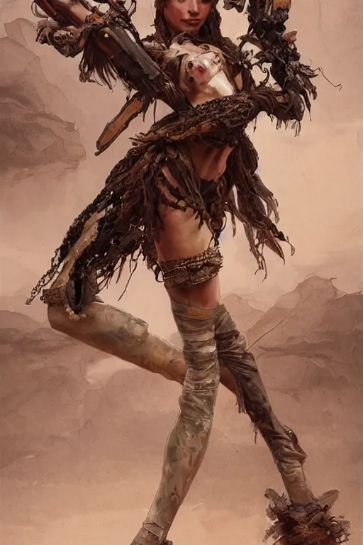 Prompt: a full body portrait of a beautiful post apocalyptic offworld desert savage rogue in ballet pose by the emerald oasis pools, intricate, elegant, highly detailed, digital painting, artstation, concept art, smooth, sharp focus, illustration, art by krenz cushart and artem demura and alphonse mucha