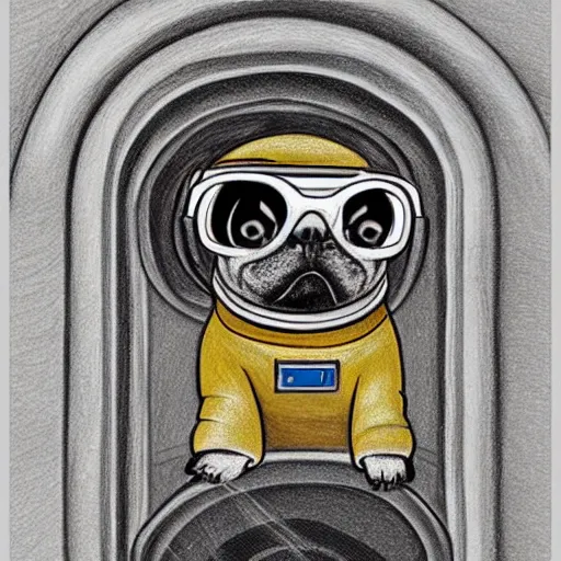 Image similar to gif, high - resolution, pencil art, colorized, extra - detailed, pug astronaut, opening door, in space that leads into the universe