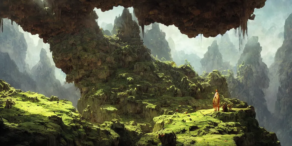 Image similar to huge cave ceiling towns, villages castles buildings bytopia planescape clouds made of green earth inverted upsidedown mountain surreal artstation illustration sharp focus sunlit vista painted by ruan jia raymond swanland lawrence alma tadema zdzislaw beksinski norman rockwell tom lovell alex malveda greg staples