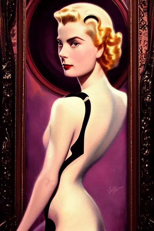 Image similar to beautiful evil cyborg grace kelly by steichen in the style of a modern tom bagshaw, alphonse muca, victor horta, gaston bussiere. anatomically correct. extremely lush detail. masterpiece. melancholic scene infected by night. perfect composition and lighting. sharp focus. high contrast lush surrealistic photorealism. sultry expression.