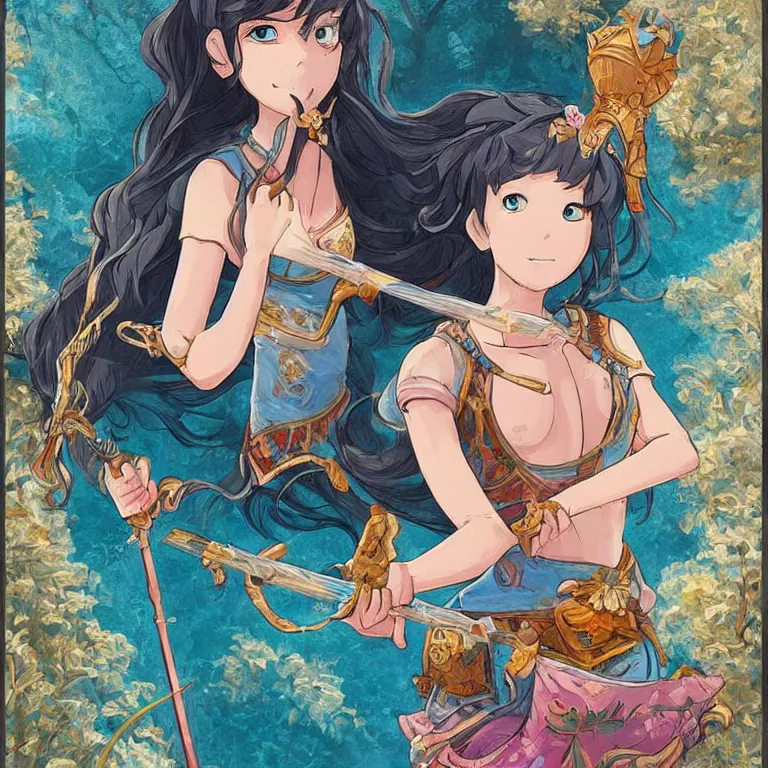 Image similar to young goddess, realistic proportions, beautiful face, in goldfish armor, wielding a fish sword, symmetrical, highly detailed painting in the style of studio ghibli