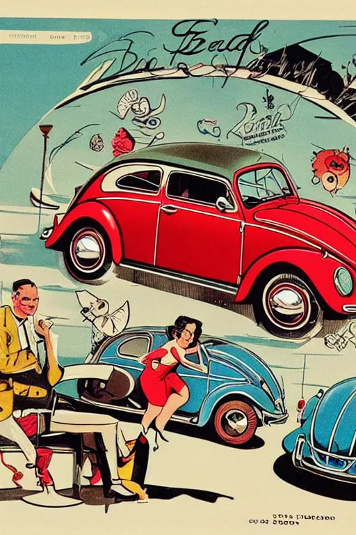 Image similar to Volkswagen Beetle car in the style of a 50s by Frank Hampson and mcbess, 1950s