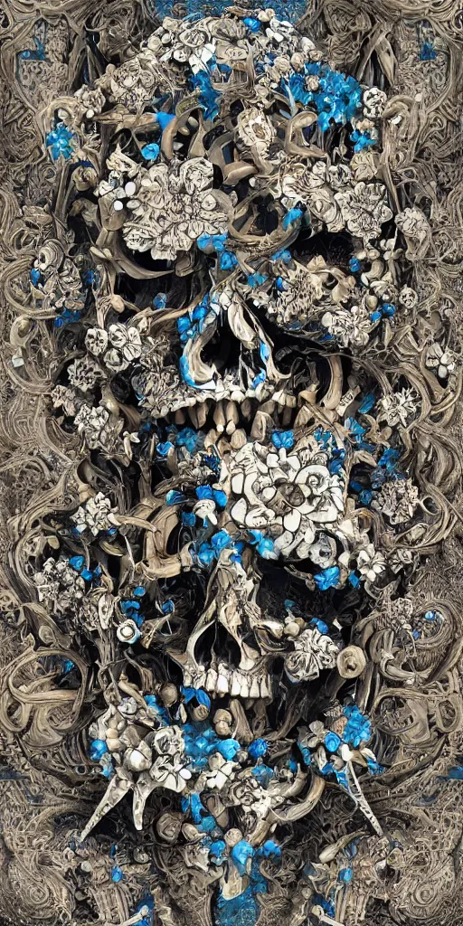 Image similar to infinite fractal complexity, skulls, smurf, sycamore, porcelain, 8k, intricate insane detail, 8k, style of Salvador dali