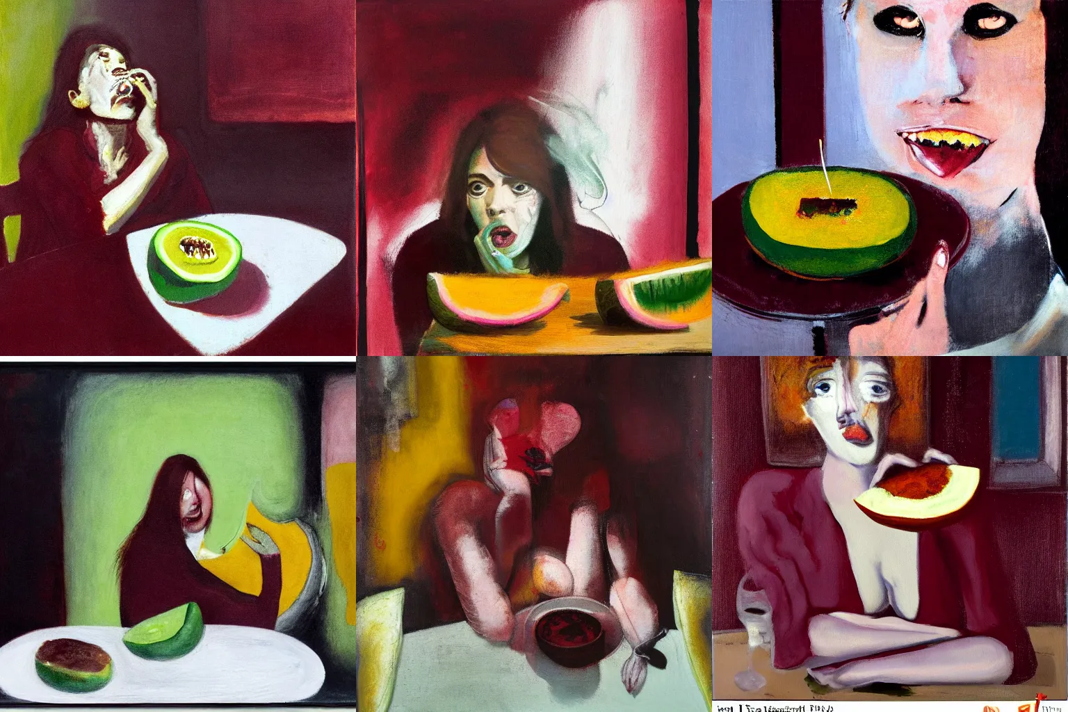Prompt: a hot college girl suffering existential crisis eating melon in a void cafe, painted by Francis Bacon, style of Adrian Ghenie, dark maroon and vibrating palette by Mark Rothko, ultradetailed, palette knife textures, oil drips over photo, 8k,