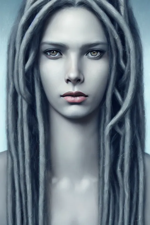 Prompt: portrait of a goddess woman with long floating dreads, straight on portrait, by artgerm, james jean, tom bagshaw, gerald brom, 4 k, smooth, hd, substance designer render, full body character concept art, symmetrical,
