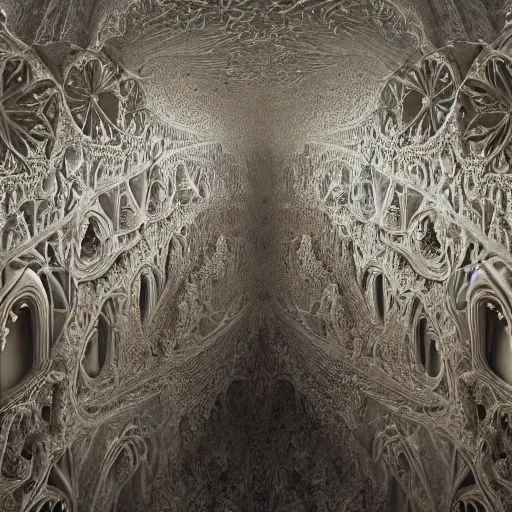 Image similar to a hyperrealistic 3 d painting of a huge sprawling fractal cathedral interior populated by mandelbrot fractals by android jones, unreal engine, carved stone, carved soap, white color scheme, volumetric lighting, octane render, dramatic lighting, glowing, carved marble, opalescent, sacred geometry, religious, angelic, catholicpunk, stark, 8 k, ultra detailed