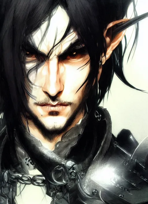 Image similar to Half body portrait of a handsome elven warrior with long black hair and facial hair wearing a black jacket. In style of Yoji Shinkawa and Hyung-tae Kim, trending on ArtStation, dark fantasy, great composition, concept art, highly detailed.