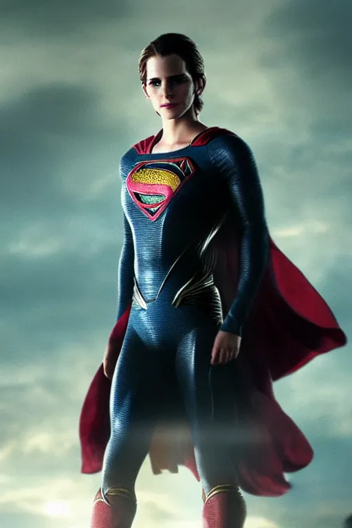 Image similar to a fancy close up of Man of Steel cast as Emma Watson by Greg Rutkowski, full body shot