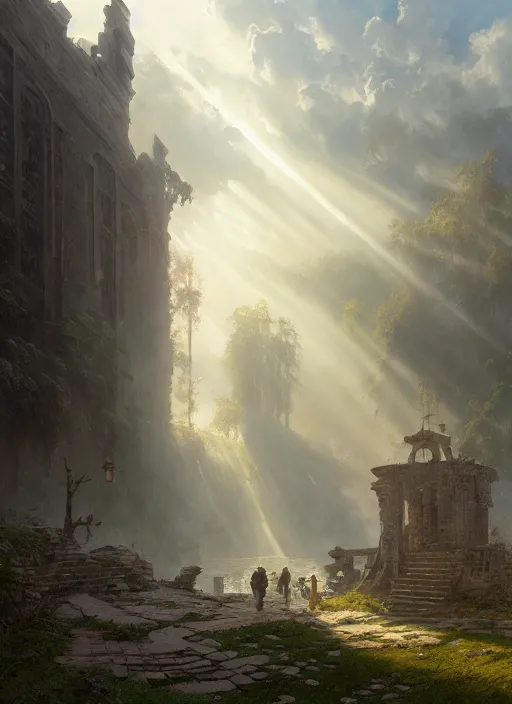 Image similar to the ruins of a once great city, mist, sunrays, dust in the air, dnd character, unreal engine, octane render, dramatic lighting, pond, digital art, by stanley artgerm lau, greg rutkowski, thomas kindkade, alphonse mucha, loish, norman rockwell,