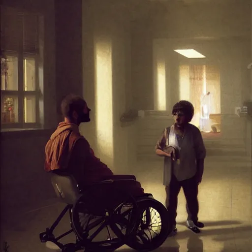 Image similar to a male patient in a wheelchair in the hospital with his wife and son standing by. happy, cheerful, smiling, intricate, face enhance, sharp focus, cinematic lighting, featured in artistation, 8 k, art by greg rutkowski, william adolphe bouguereau