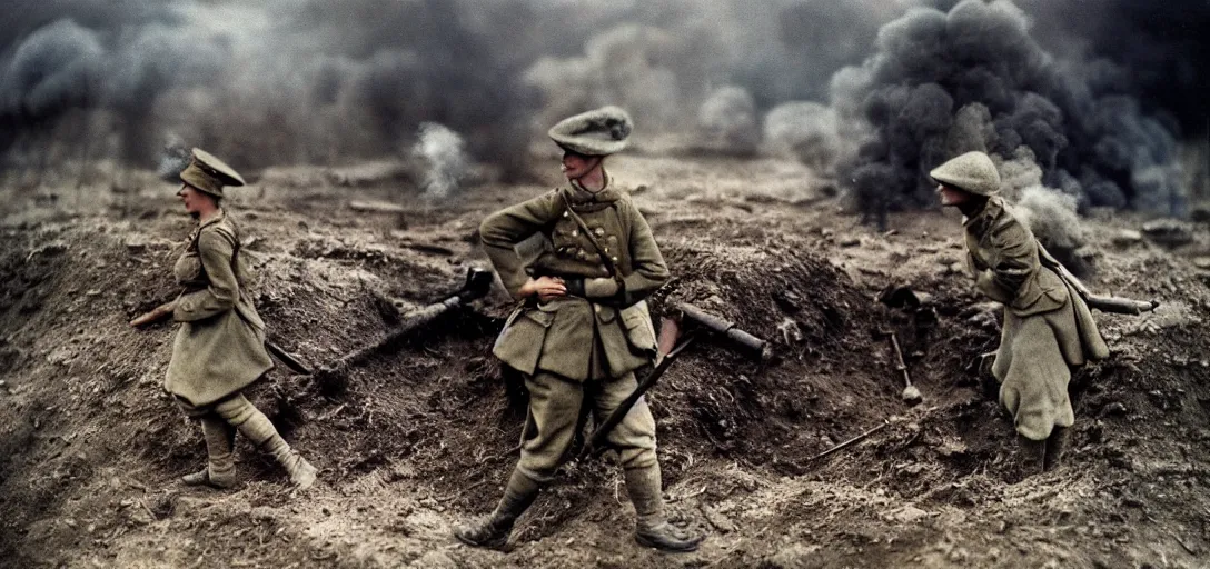 Prompt: smoke,!!! colored photography, tilt shift wwi a beauty girl over a dug out trench wwi, dramatic light, zdzidaw, ultrafine, hyperrealistic, 3 2 k, 3 5 mm film still, movie