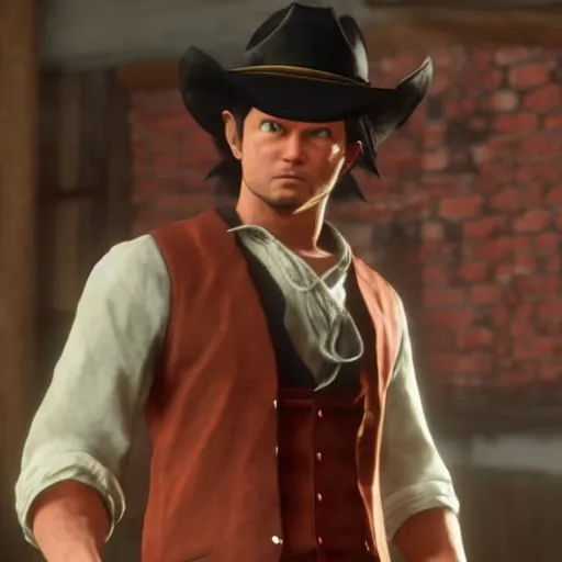 Image similar to goku wearing a cowboy hat in red dead redemption 2, a screenhot from a game, rdr 2