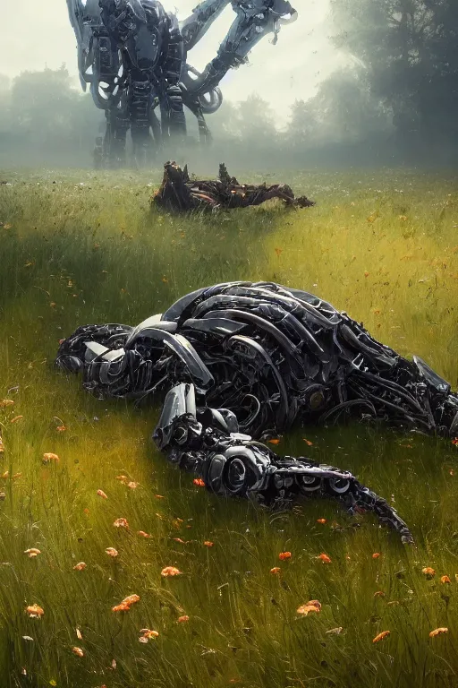 Prompt: a portrait of a broken giant mechanical robot laying in the meadow covered in plants by greg rutkowski, sung choi, mitchell mohrhauser, maciej kuciara, johnson ting, maxim verehin, peter konig, bloodborne, 8 k photorealistic, cinematic lighting, hd, high details, dramatic, dark atmosphere, trending on artstation