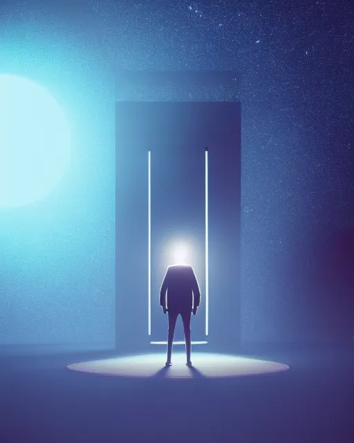 Image similar to a person standing in front of a glowy open door that's on a barren moon, poster art by mike winkelmann, trending on cg society, space art, sci - fi, ue 5, futuristic, volumetric lighting, light casting onto the ground, neat composition and camera angle