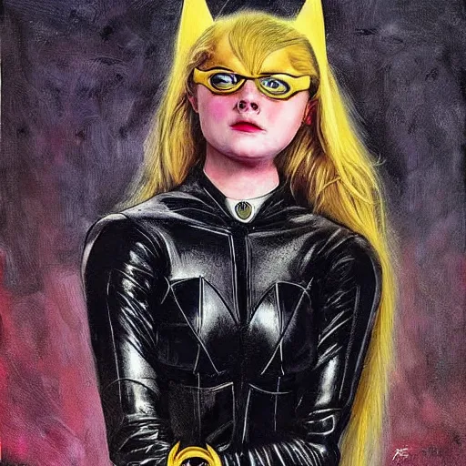 Prompt: a striking hyper real painting of Elle Fanning as batgirl, dark, metal, occult, by Edward Hughes