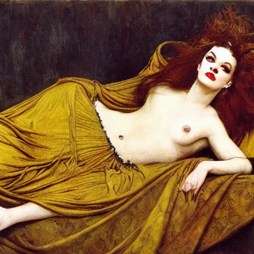 Image similar to hybrid of judy garland and lady gaga, brown fringe, large features, very large big downslanted eyes, large full lips, reclining on flowing bed cool stylish, yellow ochre ornate medieval dress, john william waterhouse, kilian eng, rosetti, john everett millais, william holman hunt, william morris, 4 k