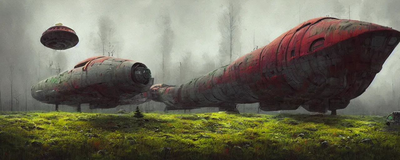 Prompt: hyperealistic painting of scandinavian landscape . giant abandonned spaceship covered with moss. by Simon Stålenhag !