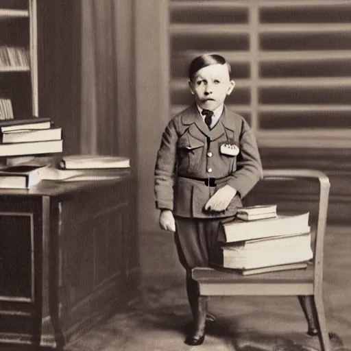 Image similar to adolf hitler as a little child in a school uniform carrying books, mustache, white background, digital art