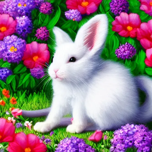 Prompt: cute fluffy hybrid animal cross between mouse, kitten, and lop eared bunny rabbit sitting on a flowery landscape detailed painting 4 k