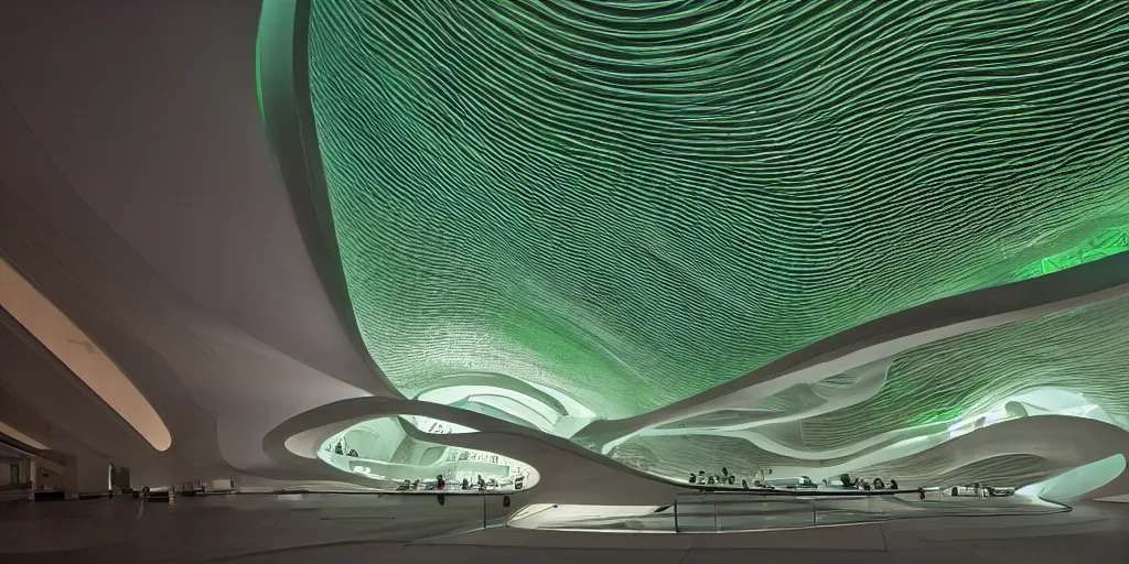 Prompt: extremely detailed awe ornate stunning beautiful futuristic smooth curvilinear elegant museum symmetrical interior by zaha hadid, translucent gills, stunning volumetric light, stainless steel, concrete, translucent material, beautiful sunset, hyper real, 8 k, colorful, stunning light coming through, 3 d cinematic volumetric light, atmospheric light, green trees