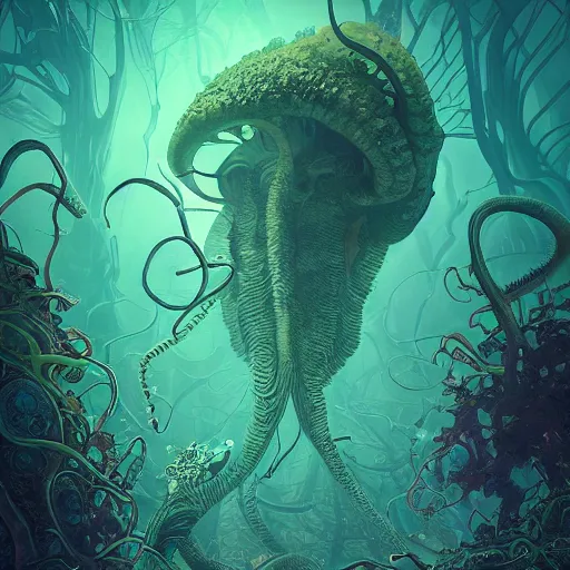 Image similar to highly detailed illustration of a nausicaa alien cephalopod in a world overgrown with fungus and spores, diffuse lighting, fog, stunning atmosphere, religious imagery, huge gargantuan black sun, muted colors, by kilian eng and james jean