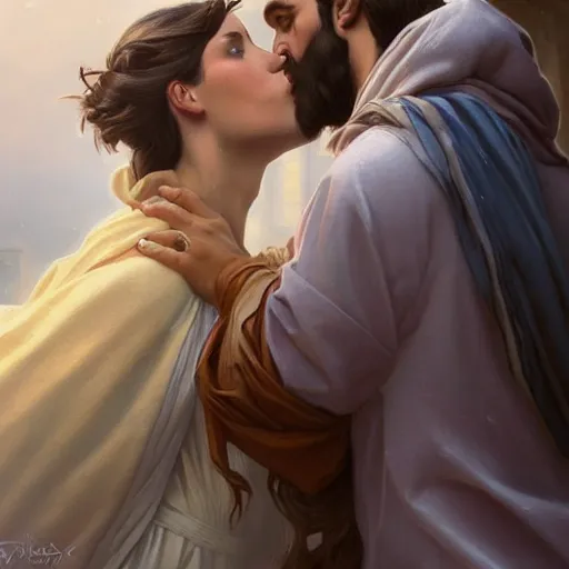 Image similar to jesus kissing a woman in a street, elegant, highly detailed, digital painting, artstation, concept art, matte, sharp focus, highly detailed, 4 k, hdr, smooth, sharp focus, high resolution, award - winning photo, photorealistic, art by artgerm and greg rutkowski and alphonse mucha, large shot