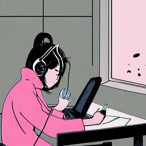 Image similar to illustration of female japanese student in profile, sat at her desk, her face lit by the computer screen, wearing headphones, japan, window, tokyo, neon lights outside , Hayao Miyazaki