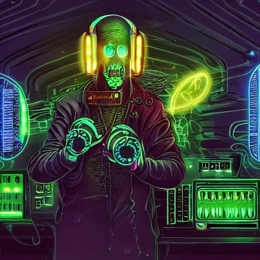 Prompt: cyberpunk cthulhu with headphones playing synthesizers, lights, lasers, music, highly detailed, realistic,