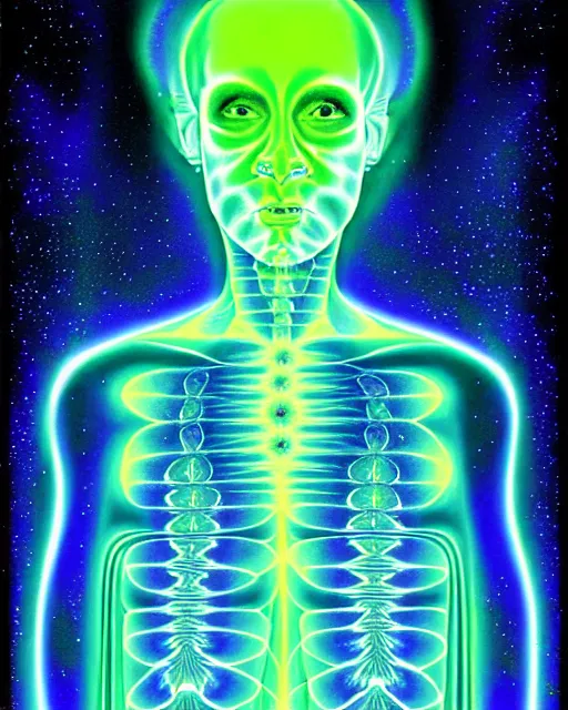 Prompt: alex grey style fractal pattern xray portrait of a glowing alien with space behind them. convergence of a higher mind