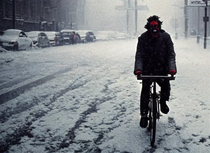 Image similar to A very high resolution image from a new movie, a clown riding a bike in a blizzard in New York City, Polaroid, directed by Steven Spielberg