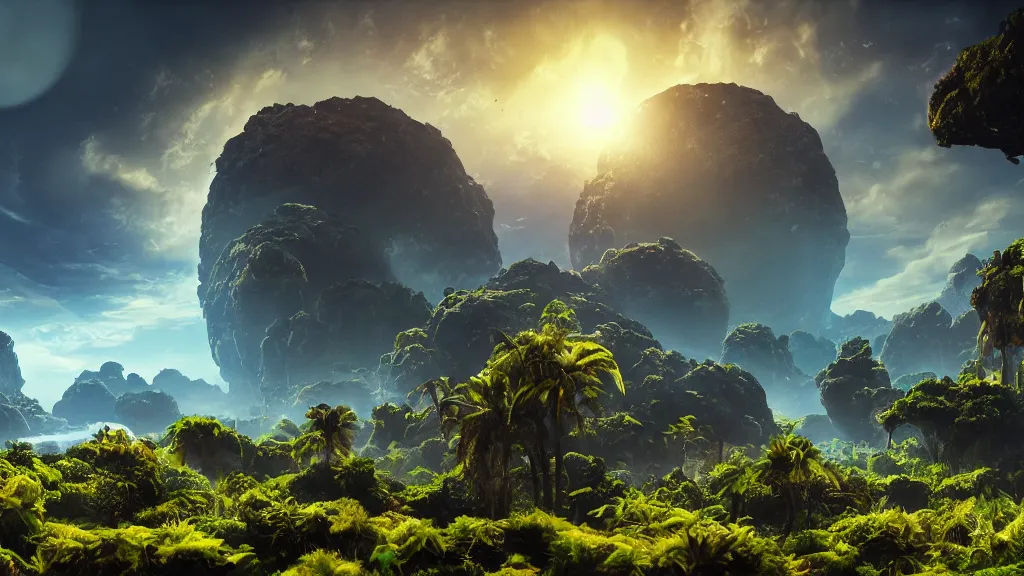 Prompt: a landscape of an alien planet, sunny day, environment, cinematic composition, cinematic lighting, photo realistic, ultra detailed, magnificent, 4 k, 8 k, foundation, jungle, ocean