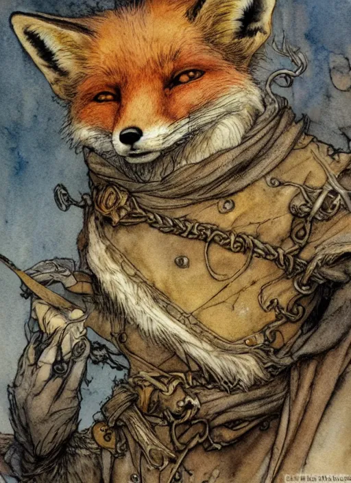 Image similar to portrait of a fox - faced theif, human features, dnd, gwelf, highly detailed, perfect lighting, watercolor and ink illustration, muted colors. perfect composition, 4 k, by brian froud, larry macdougall, jean - baptiste monge, arthur rackham