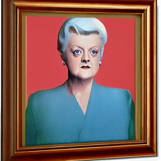 Image similar to very detailed and attractive portrait of dame angela lansbury backlit with an ominous red glow, painted by rene magritte