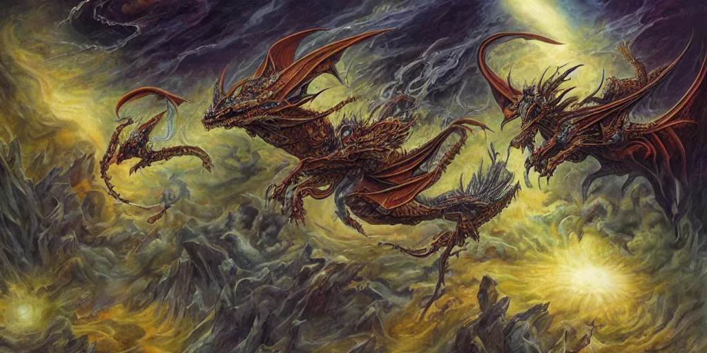 Prompt: evil cosmic demon alien dragon demigods flying through outer space consuming earth, dan seagrave art