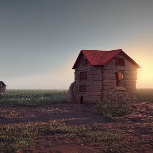 Image similar to houses made of clay, digital art, octane render, blender, artstation, vaponpunk, sunset, 8k, soft light, ray tracing, wet ground