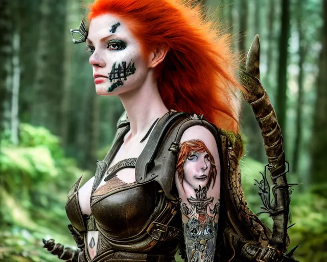 Image similar to 5 5 mm portrait photo of an armored gorgeous anesthetic redhead woman warrior with a face tattoo and horns growing from her head, in a magical forest in the style of stefan kostic, art by luis royo. highly detailed 8 k. intricate. lifelike. soft light. nikon d 8 5 0. cinematic post - processing