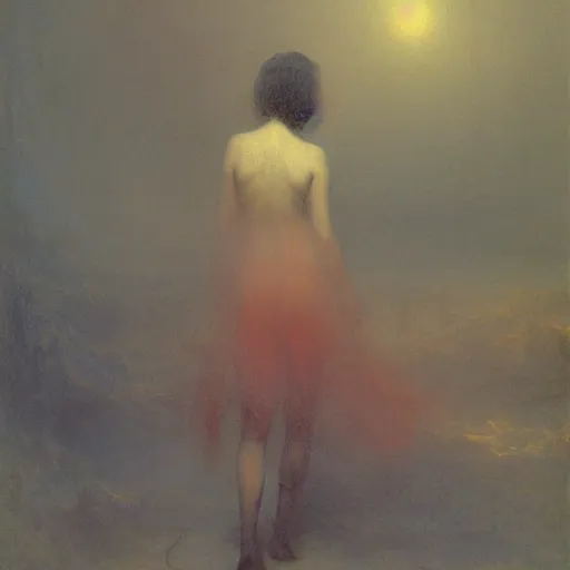 Image similar to a young woman lucid dreaming in cyberspace photoreal, atmospheric, by william turner, by beksinski, by caspar david friedrich, oil painting, romantism, realism, limited palette