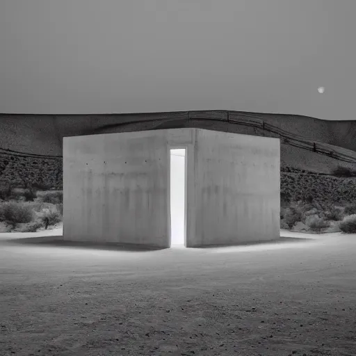 Prompt: big concrete structure in the desert at night, neon lights, minimalist architecture, james turrel,