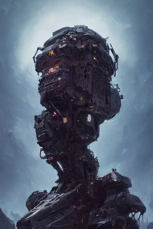 Image similar to A fancy portrait of a corrupted war machine by Greg Rutkowski, beeple, Sung Choi, Mitchell Mohrhauser, Maciej Kuciara, Johnson Ting, Maxim Verehin, Peter Konig, final fantasy, macro lens, 35mm, 8k photorealistic, cinematic lighting, HD, high details, dramatic, dark atmosphere, trending on artstation