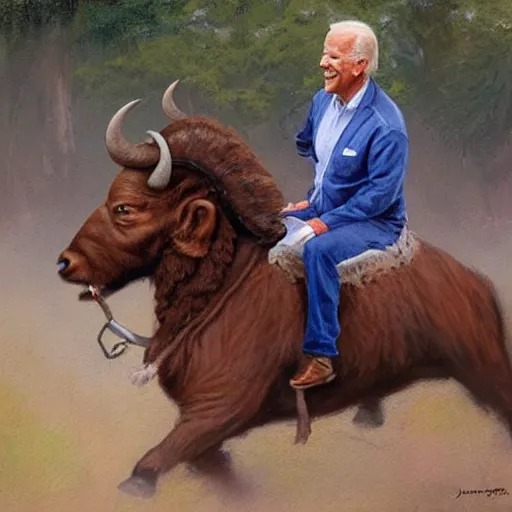 Image similar to Joe Biden riding a buffalo, painting by Jon McNaughton