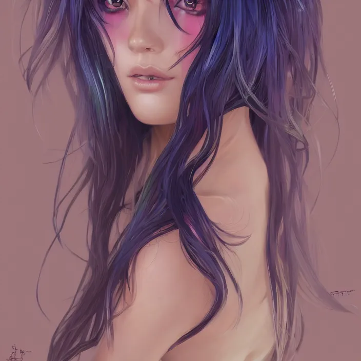 Image similar to portrait of beautiful symmetrical anime girl, rainbow hair, attractive, casual, modern, victoria's secret, highly detailed, digital painting, artstation, concept art, smooth, sharp focus, illustration, art by moebius artgerm, greg rutkowski and alphonse mucha, 8 k,