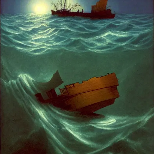 Image similar to a shipwreck at the bottom of the sea by Raphael, Hopper, and Rene Magritte. detailed, romantic, enchanting, trending on artstation.