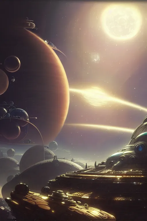 Image similar to steampunk spaceship infront of a planet, exquisite details, denoised, mid view, by karl kopinski, artsation, greg rutkowski, makoto shinkai, takashi takeuchi, studio ghibli