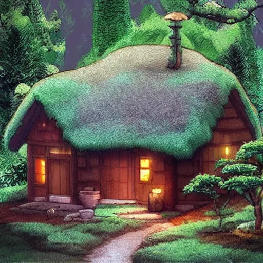 Image similar to Studio Ghibli cozy forest cottage