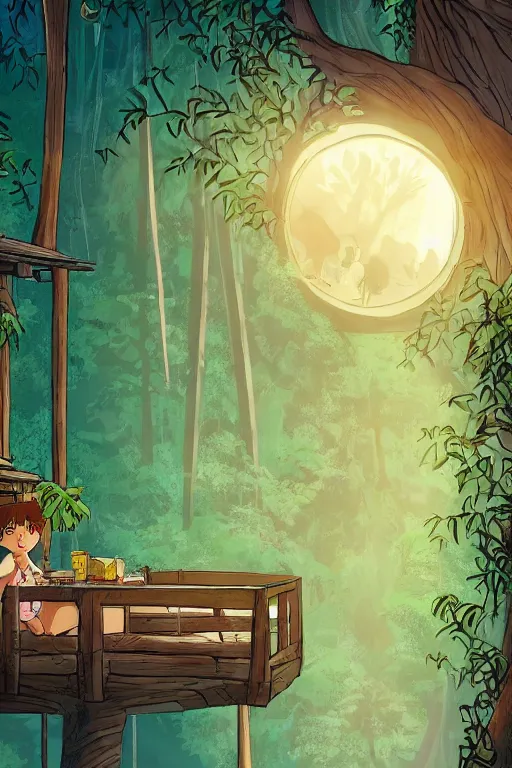 Image similar to a tree house with warm light through the window in the jungle, moonlight, night, by alba ballesta gonzalez. 4 k wallpaper, digital flat 2 d, japan animation, comic book, illustration, cinematic lighting, smooth sharp focus.