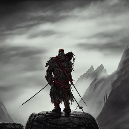 Prompt: lonely ork warrior struck by an arrow in the shoulder, bleeding, tired, desolated mountains in the distance, cloudy and atmospheric with a touch of sunlight coming through, realistic, tolkien world