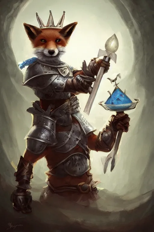 Image similar to cute little anthropomorphic foxy knight wearing a cape and a crown, tiny, small, miniature fox, baby animal, short, pale blue armor, cute and adorable, pretty, beautiful, DnD character art portrait, matte fantasy painting, DeviantArt Artstation, by Jason Felix by Steve Argyle by Tyler Jacobson by Peter Mohrbacher, cinematic lighting