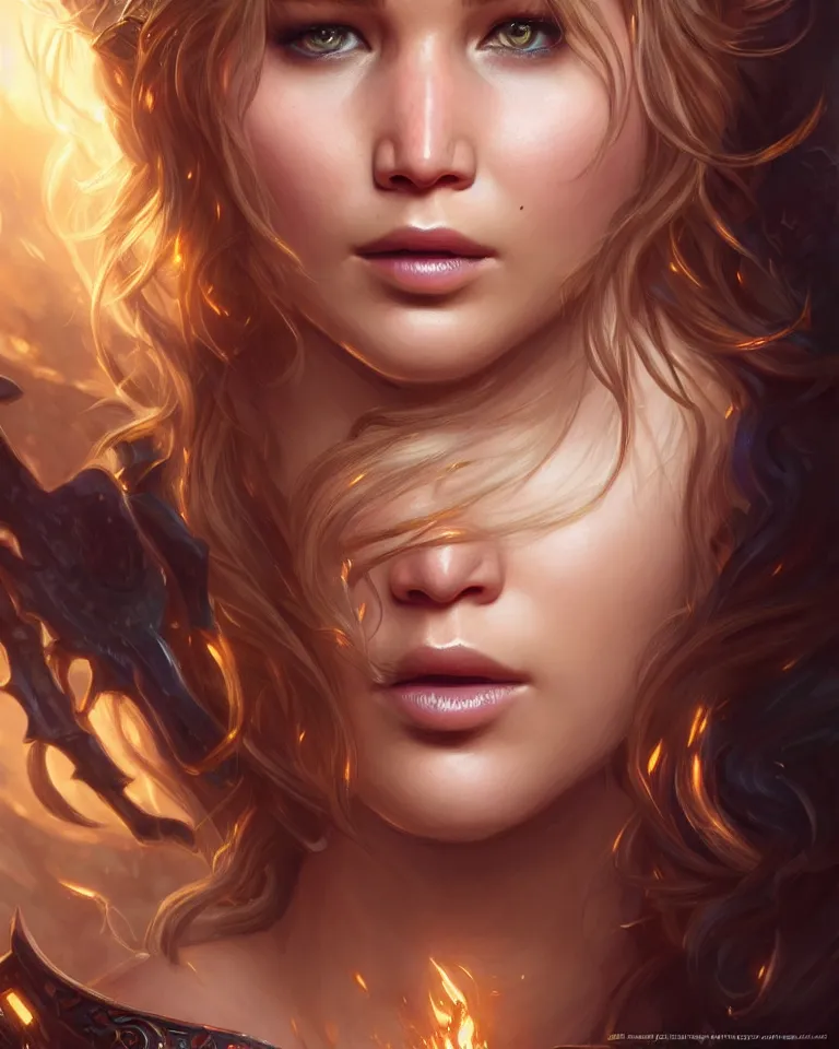 Image similar to Jennifer Lawrence, closeup, D&D, fantasy, intricate, elegant, highly detailed, digital painting, artstation, concept art, matte, sharp focus, illustration, hearthstone, art by Artgerm and Greg Rutkowski and Alphonse Mucha